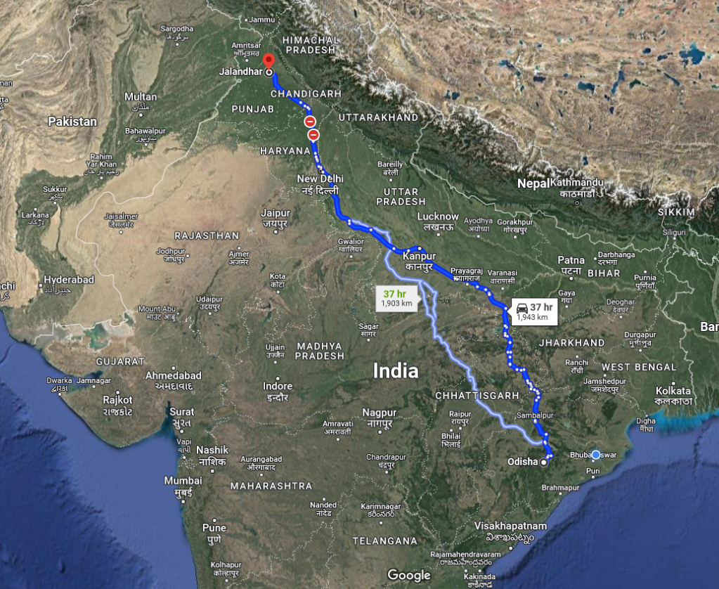Route from Odisha to Punjab